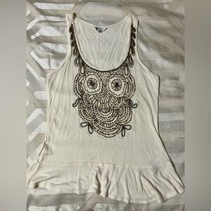 GUC BUFFALO DAVID BITTON Beige Gold Beaded Owl Tank Top, SZ XS